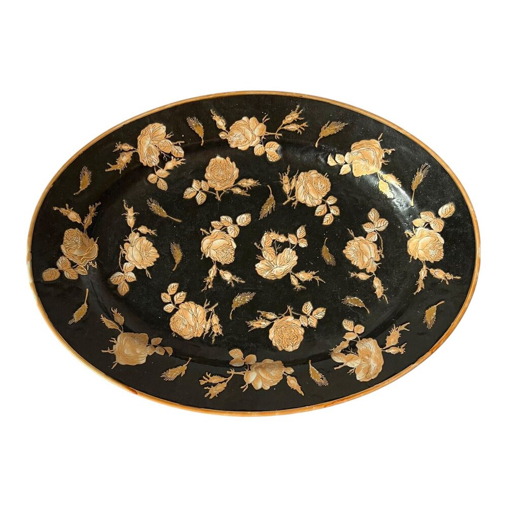 VTG Chinoiserie Polychrome Black Gold Gilt Rose Floral Porcelain‎ Platter Large